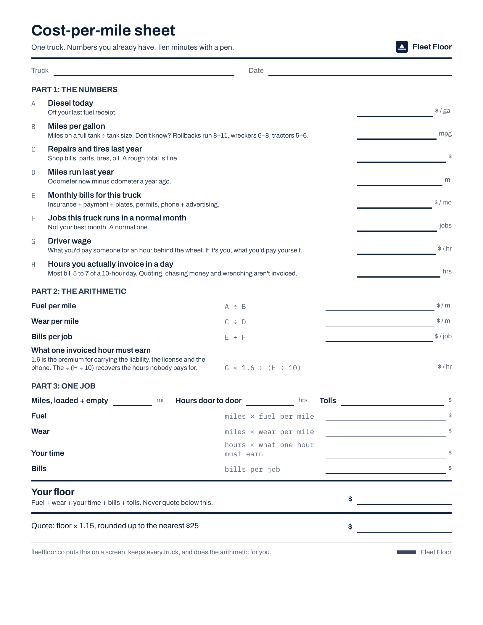 The Fleet Floor cost-per-mile sheet