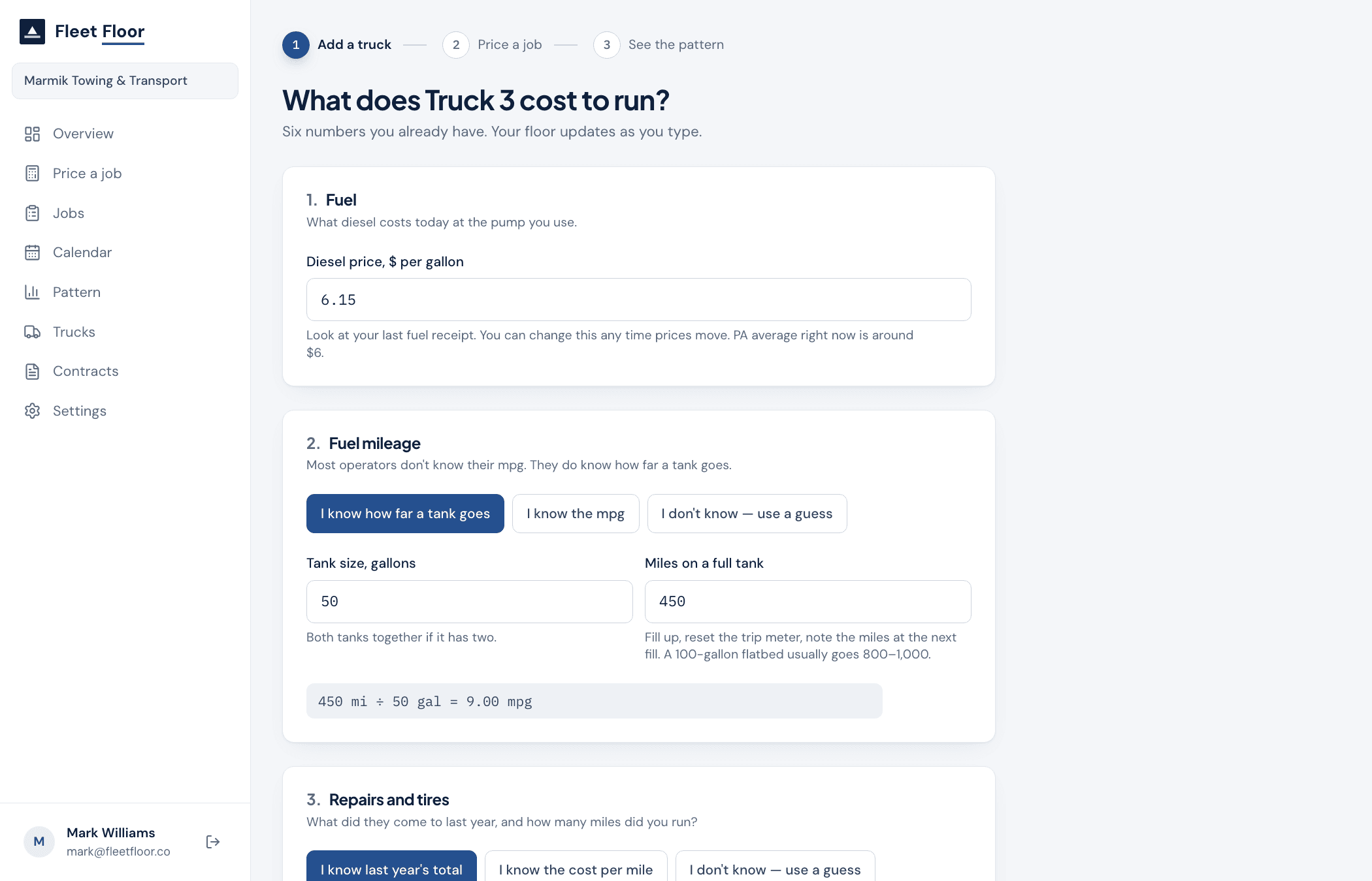 The add-a-truck form: diesel price, tank range, last year's repairs and tires, monthly bills and driver wage