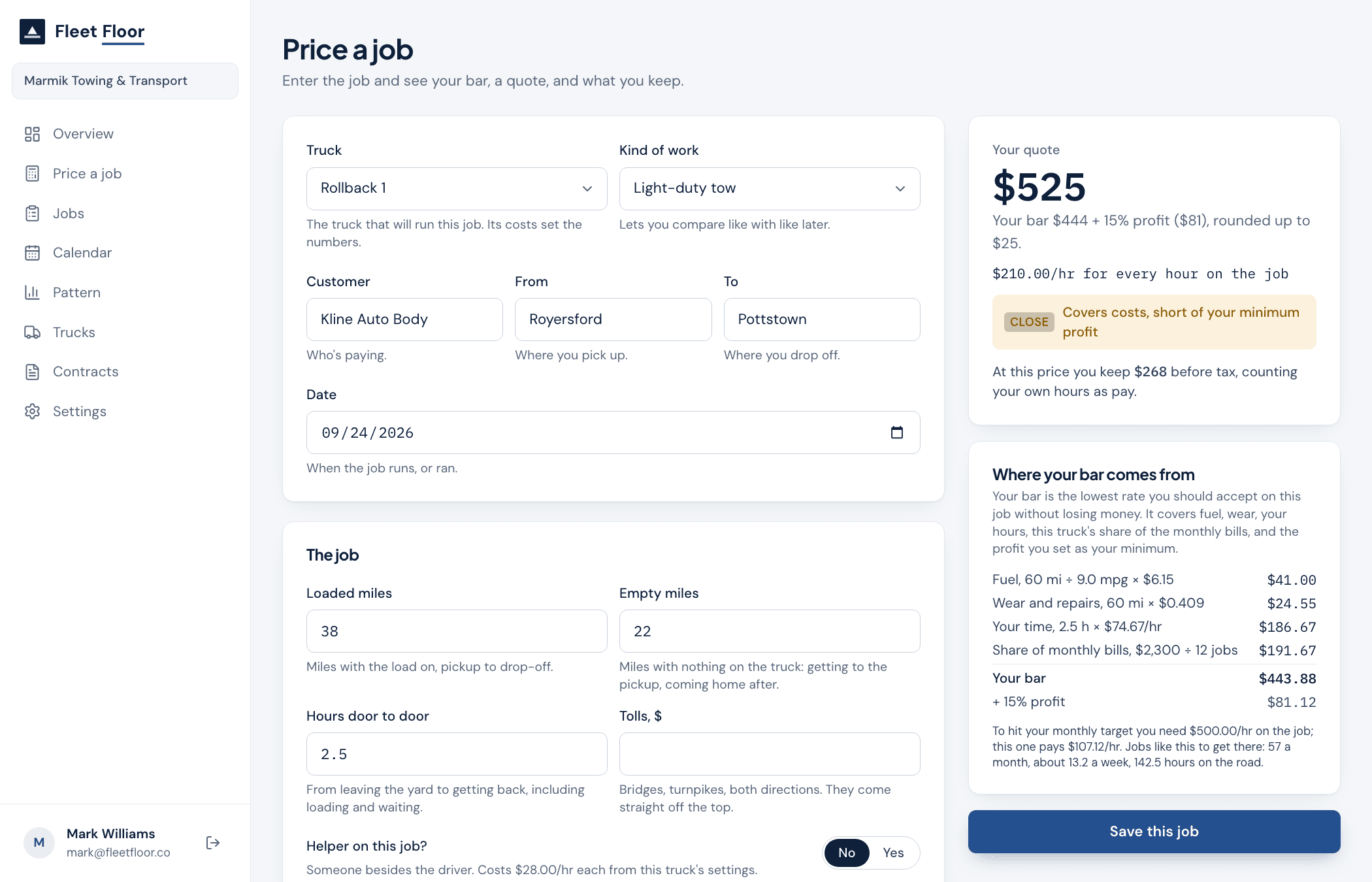 The price-a-job screen: loaded miles, empty miles, hours and tolls, with the floor, the quote and a line-by-line breakdown